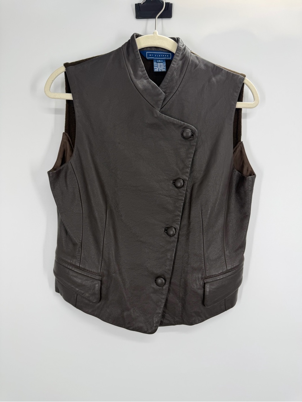 Vintage Women's Brown Leather And Wool Blend Vest Size Large